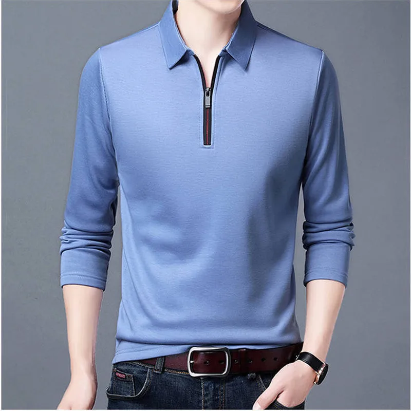 Smart Casual Men\'s Solid Polo Shirt Spring Autumn New Long Sleeve Zipper Collar Business Fashion Loose Polos Tops Clothing 2023