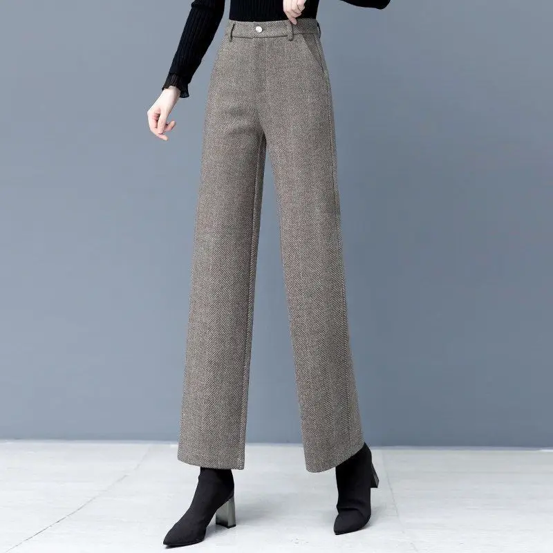 

Women Autumn Winter Thick Woolen Cloth Casual Solid Color High Waist Straight Women Clothes Simplicity All-match Trend Wide Leg