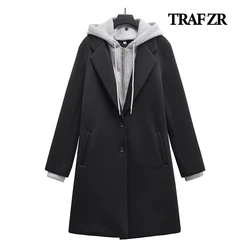 TRAF ZR Vintage Women's Long Trench Coat Removable Hood Slouchy Notched Lapel Collar Windbreaker Cardigan Mujer Long Outerwears