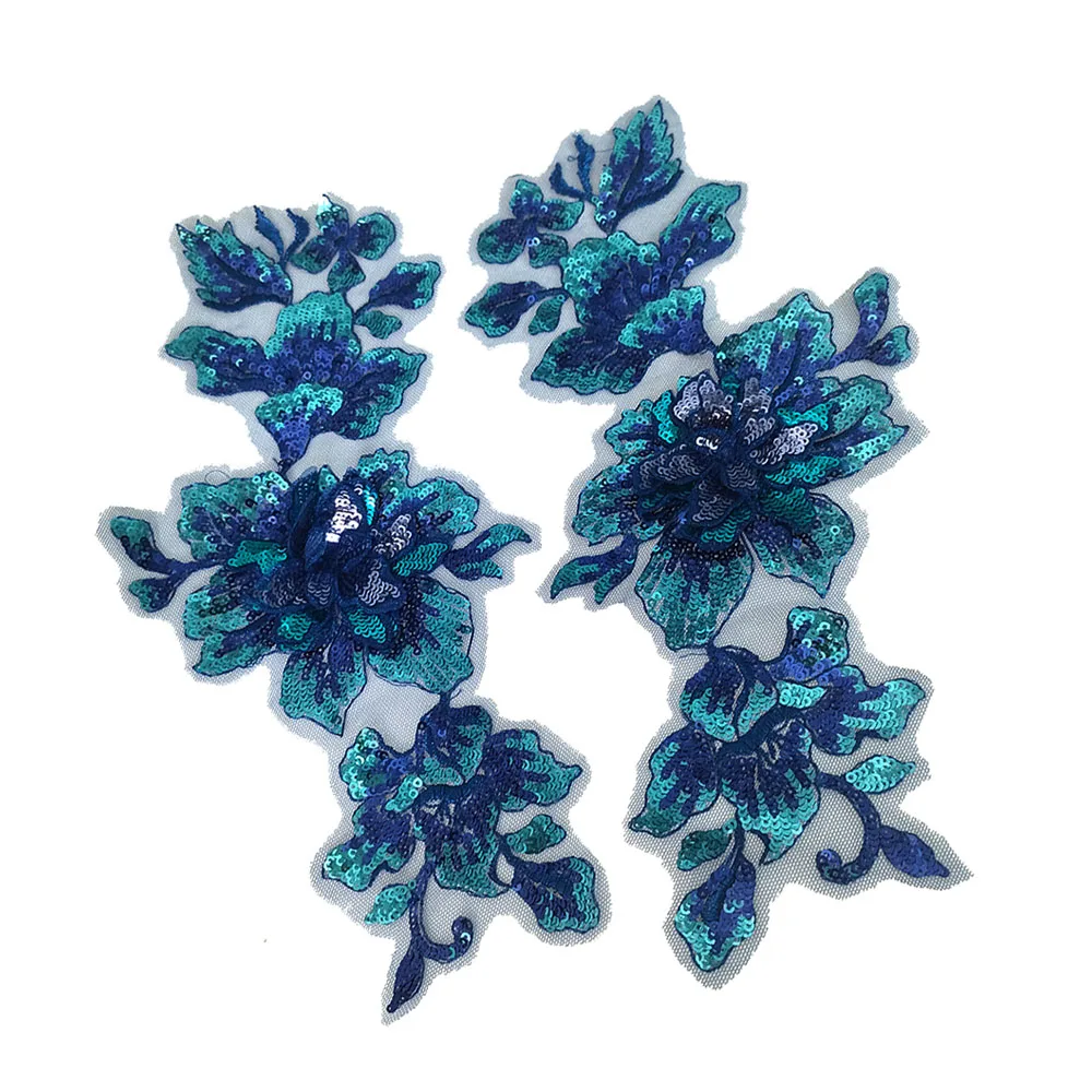 1 Pair Blue Sequin Flower Embroidered Lace Patch DIY Sewing Cloth Applique Collar Patches Dress Decoration