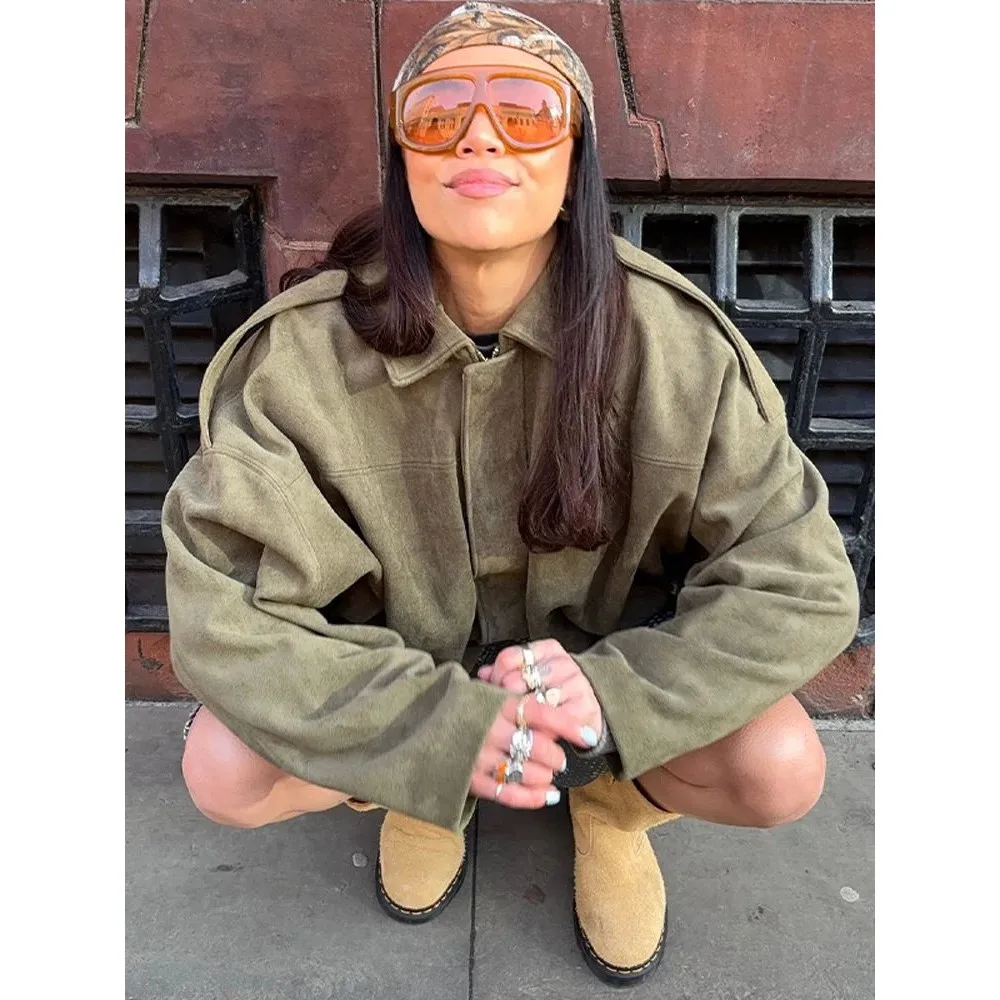 

Autumn Women's Suede ort Jaet Loose Lapel Zipper Cleanfit Sle Ladies Premium Faion Outerwear Winter Collection