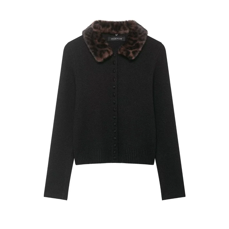 

Spring Autumn Faux Fur Effect Turn-down Collar Long Sleeve Knitted Cardigan Coat Women Chic Versatile Tops Female Casual Wear