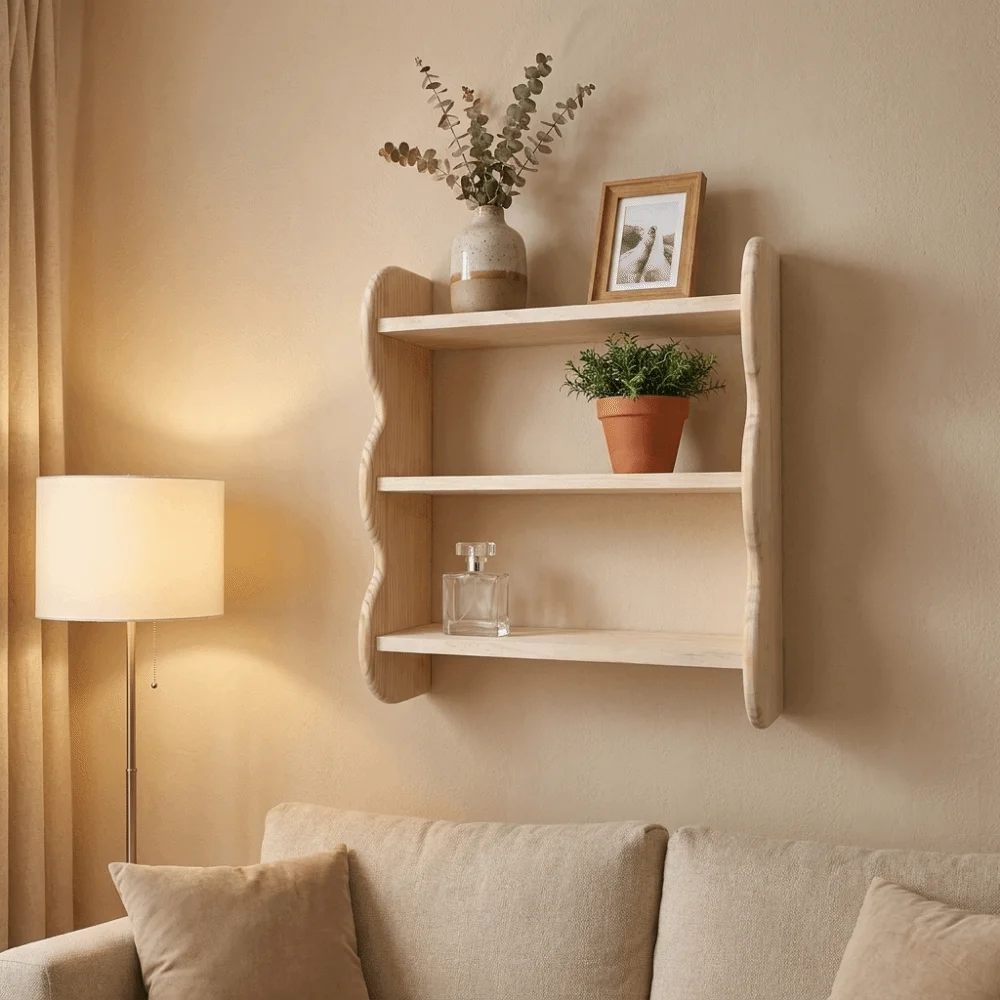 Wooden 3 Tier Wall Mounted Shelf Space Saving Large Capacity Wavy Edge Wooden Wall Shelf with Screws Wall Storage Rack