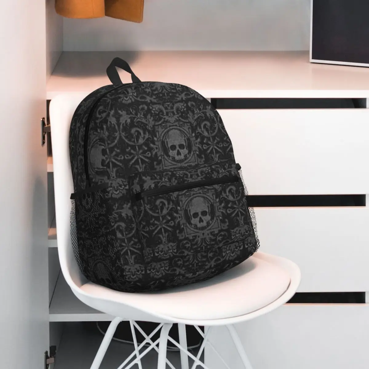 

Goth Gothic Black Skull Damask Pattern Student Backpack School Bag Hiking Travel Daypack for Men Women Bookbag Shoulder Bags