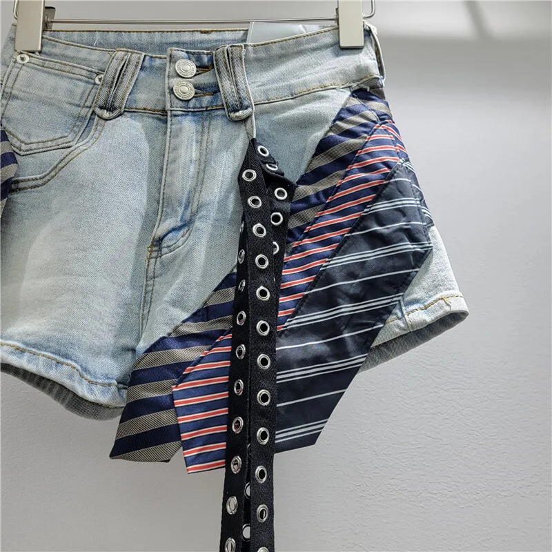 WTHT New Trendy Women Spliced Irregular Striped Ribbon Denim Shorts 2024 Spring High Waist Wide Leg Short Pants Female 1LS947