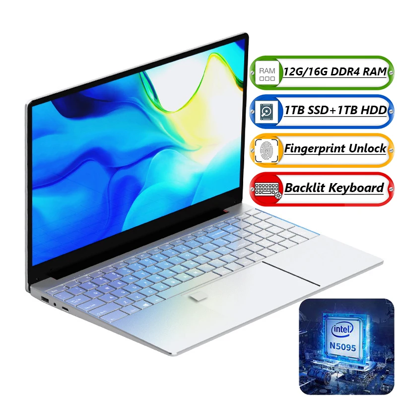 15.6 인치 사무실 노트북, 12G, 16G RAM, 1TB SSD, 1TB HDD, 휴대용 노트북 컴퓨터, 인텔 N5095, 윈도우 프로 게이머 PC, 1920*1080 IPS 화면