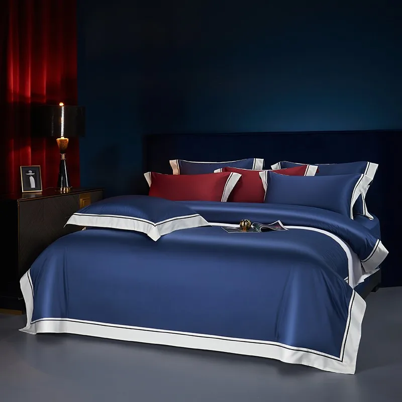 Navy Blue White Patchwork Long Staple Cotton Embroidery Bedding Set 1000TC Soft Silky Texture Duvet Cover Bed Sheet 2 Pillowcase