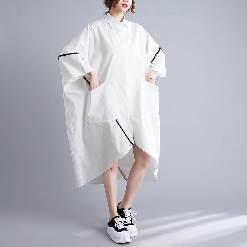 #3483 White Women Asymmetrical Shirt Dress Batwing Sleeve Loose Front Buttons Midi Dress Big Pockets Turn-down Collar Summer2023