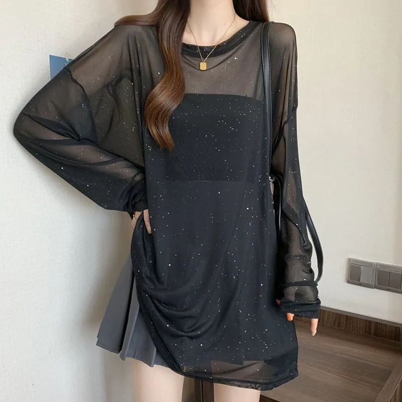 Black Sexy See Through Sheer T-Shirts Women Luxury Sequin Thin Ice Silk Long Sleeve T Shirt Summer Breathable Sun-Proof Tops