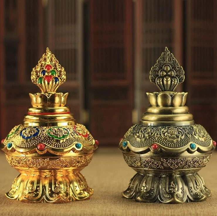 KK Nepali Craft Painted Treasure Vase Fillable With Mantra Pills Yellow Jambhala Eight Auspicious Symbols Wish Fulfilling Vase