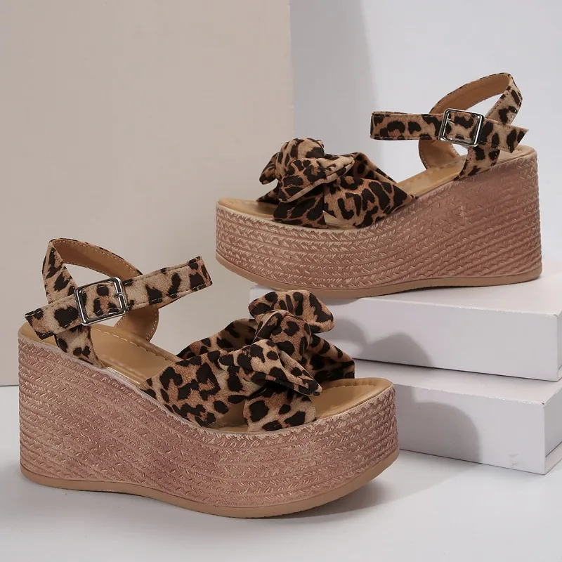 Ladies Shoes 2024  Women's Sandals Fashion Butterfly-knot Casual Sandals Women New Leopard Print Wedge Sandals