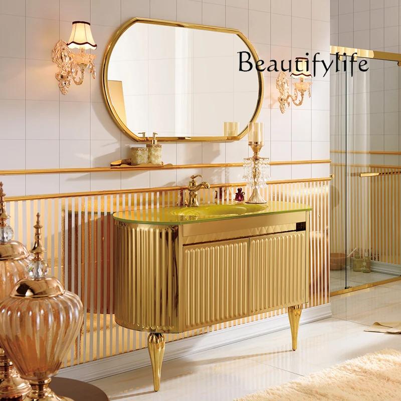 

Европейский стиль, золотой ручной стиль, комбинация шкафов для ванной комнаты, американский шкаф для ванной комнаты, умывальник из нержавеющей стали, умывальник для пола