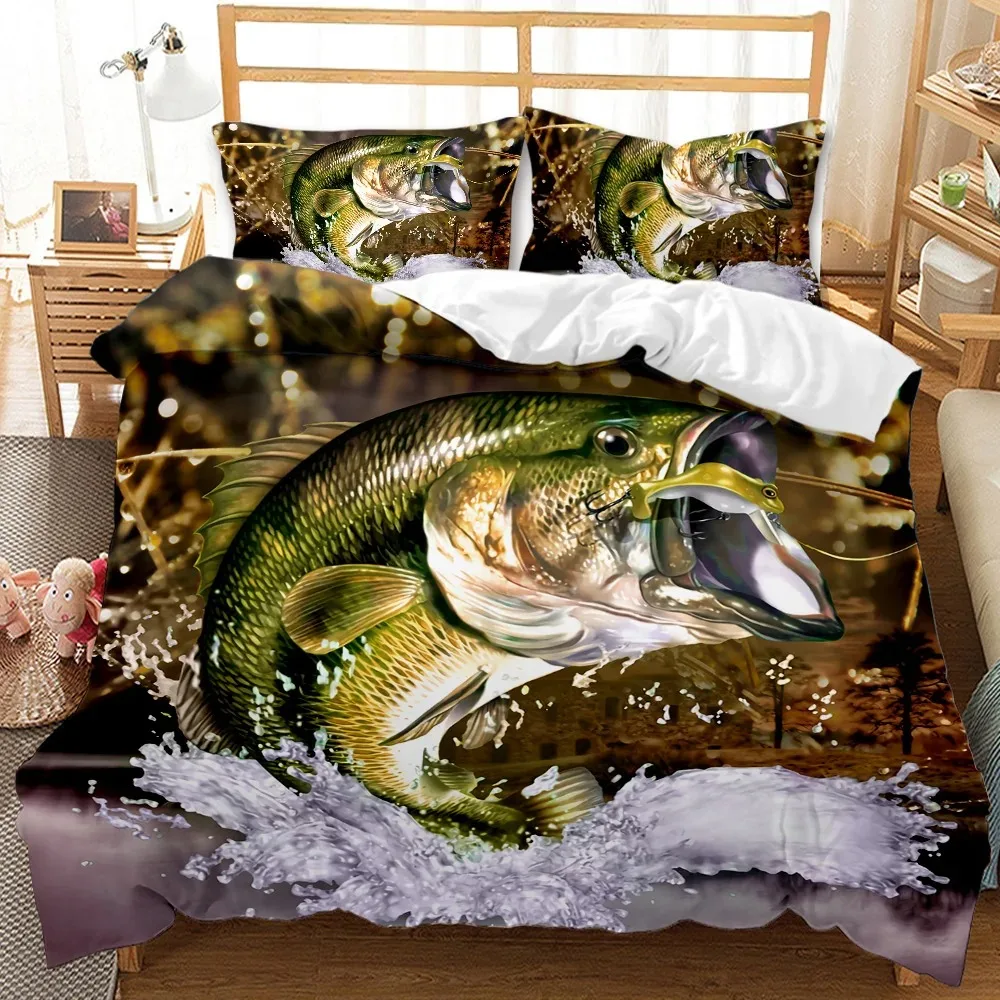 Big Pike Fishing Hunting Bedding Set Boys Girls Twin Queen Size Duvet Cover Pillowcase Bed Kids Adult Home Textileextile