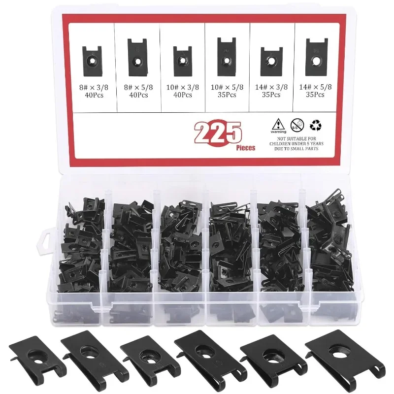 225Pcs U Nut Black Rust Resistant Wide Range Assortment Kit Auto Car Metal Clips for Motorcycle Automotive Repair Replacement