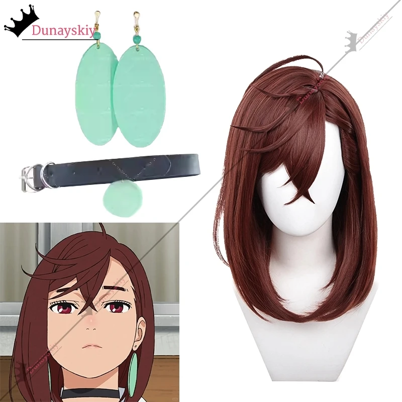 Dandadan momo ayase cosplay prop peruca marrom com 1 par brincos clipe colar feminino menina conjunto anime festa mostrar jogar acessório