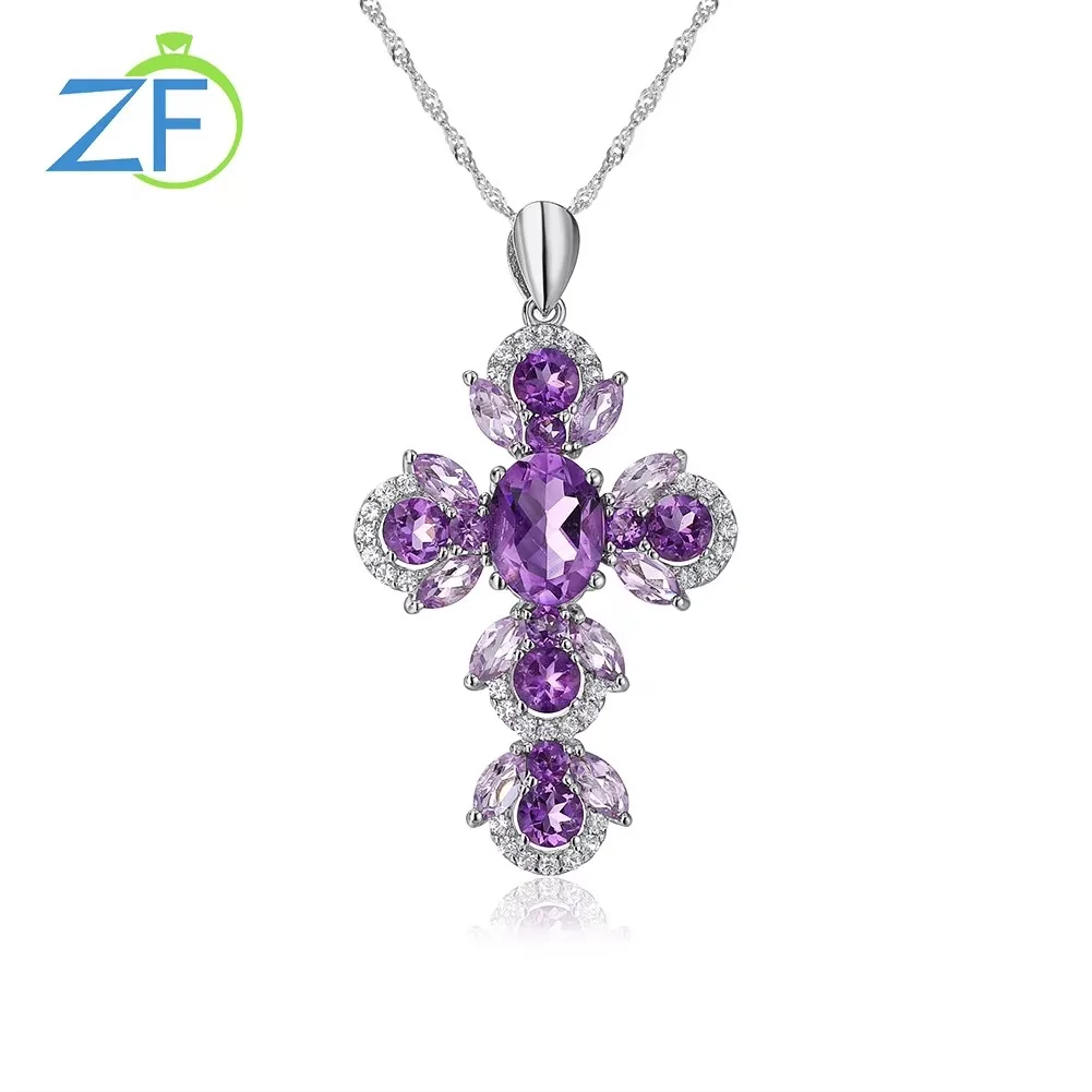 

GZ ZONGFA Purel 925 Sterling Silve Cross Pendant for Women 2.8ct Gems Natural Amethyst Chain Necklace Party Fine Jewelry