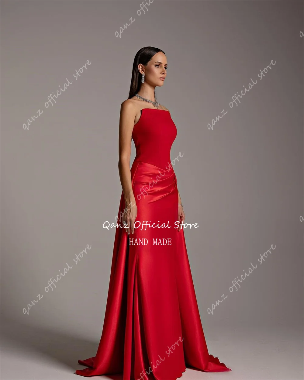 Qanz Vintage Red Satin Evening Dresses Strapless Mermaid Prom Dress Dubai Long Train Dress Women Elegant Party Customized