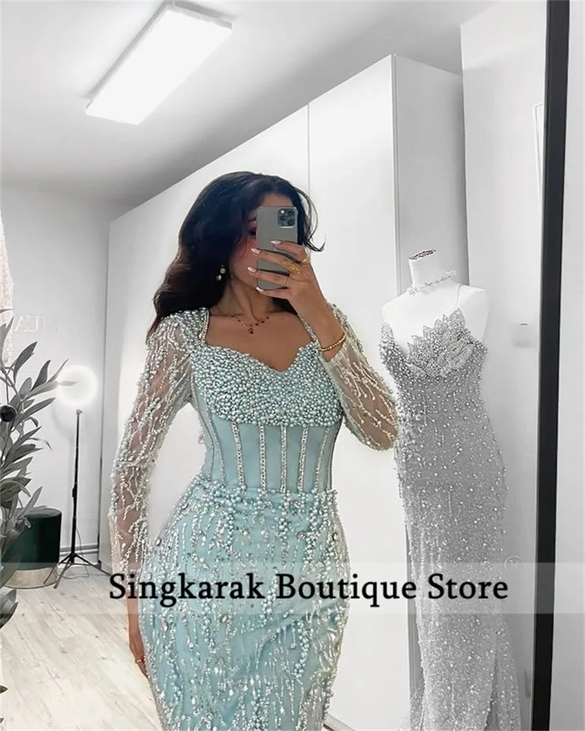 

Blue Mermaid Evening Dresses 2025 Beads Pearls Prom Dresses For Special Occasions Wedding Party Gown Customized