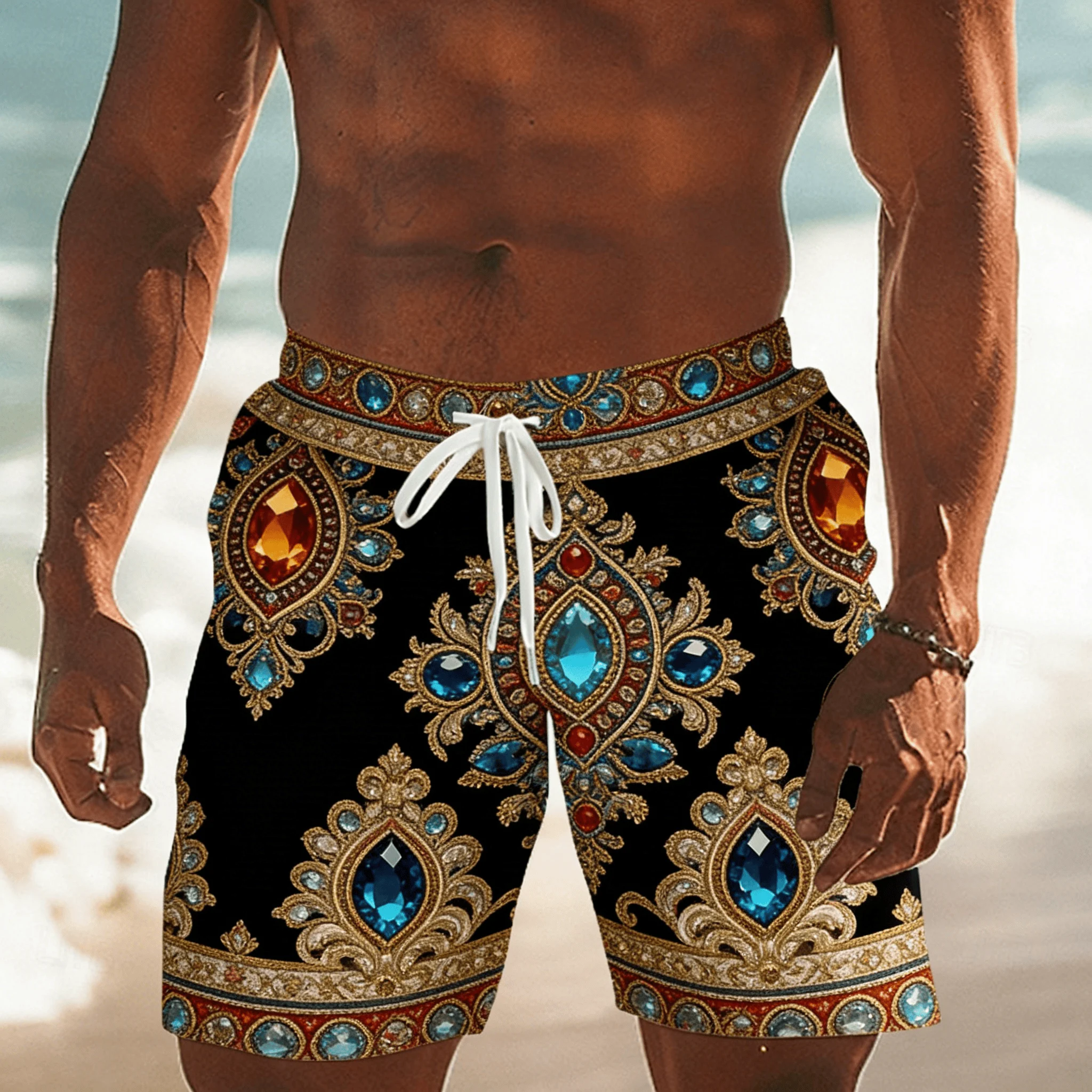 Men's Gold Baroque 3D Printed Drawstring Shorts: Retro Luxury Casual Shorts, Perfect for Summer Vacations and Hawaiian Beachwear