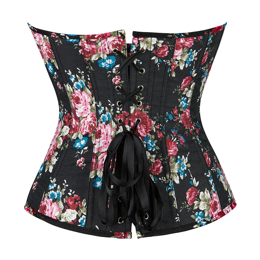 Vintage Korset for Women Blue Denim Bustier Top Overbust Floral Printed Corset Fashion Corselets