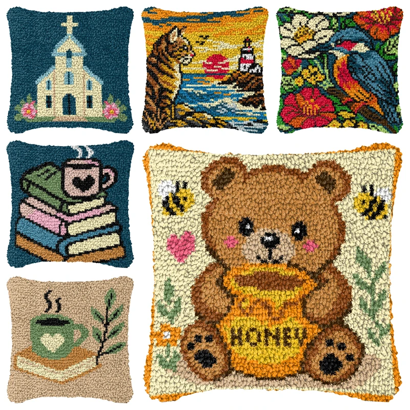 

Cute Cartoon Bear Cat Latch Hook Kits Smyrna Pillowcase Knot Pillow Package DIY Latch Hook Kit Set Needlework Embroidery Cushion