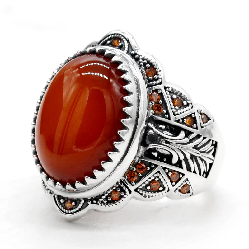 خاتم فضة Türkiye S925 فضة الطبيعية الأحمر العقيق الرجال خاتم البتلة خطوة تصميم قسط مجوهرات ريترو فاخر شريك هدية المرأة