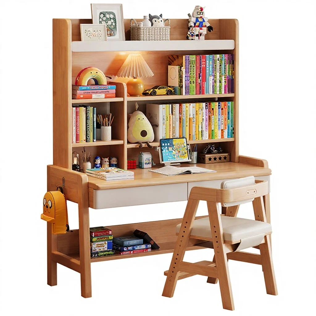 

￥%Thickened Handmade Solid Wood Children's Study Desk Bedroom Home Student Desk Bookshelf Liftable Table Computer Desk