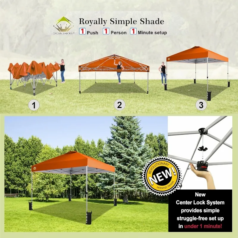 Crown Shades 10x10 Pop up Canopy Tent, Patented One Push Pop Up Tent with Wheeled Carry Bag, Bonus 8 Stakes and 4 Ropes, Orange