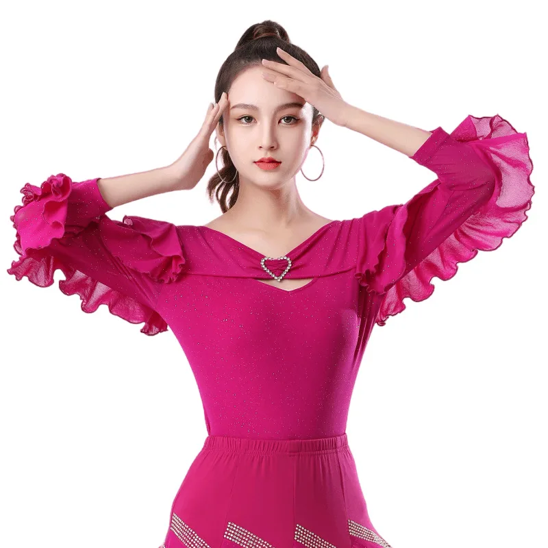 2023 New Conjoined Jiteba Dance Top Square Dance Latin Dance Long Sleeve Ruffles Top Dance Clothes Women