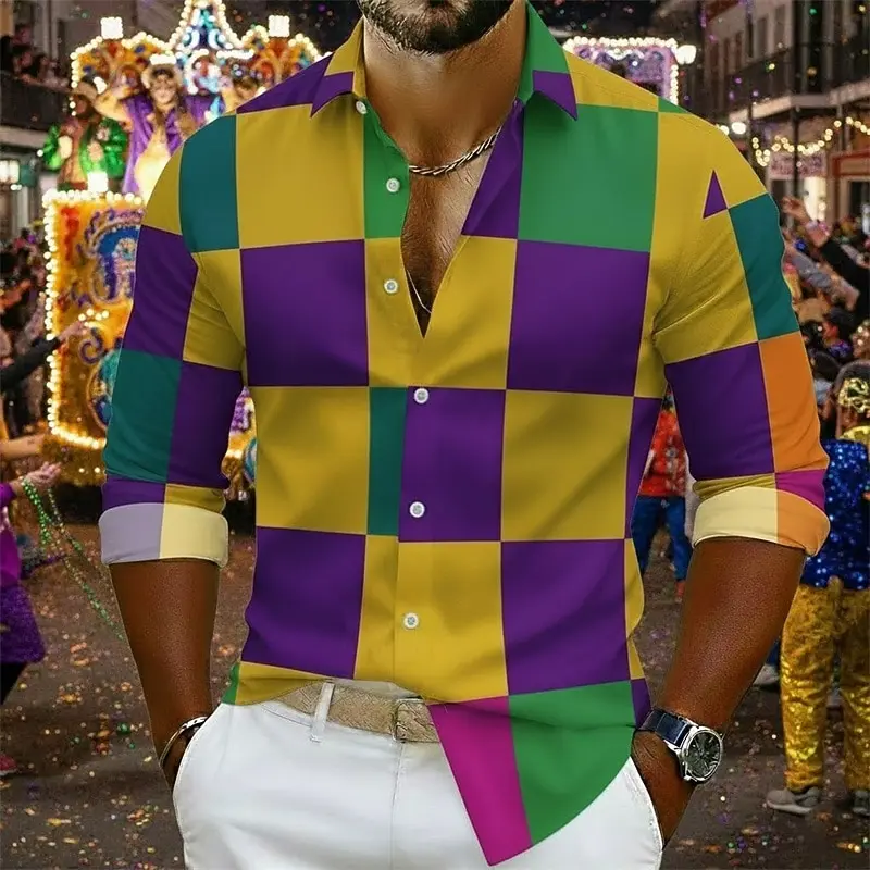 

Карнавальная мужская атласная рубашка в клетку, рубашка на пуговицах, повседневная рубашка с длинным рукавом, гавайская повседневная рубашка для отдыха на открытом воздухе, вечеринки, весна-осень