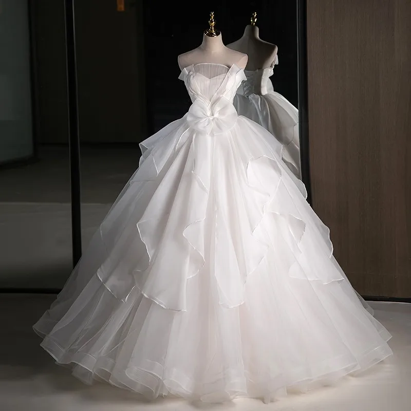 

New Elegant Vestido De Quincenera Sexy Strapless Floor-length Puffy Ball Gown Dress Sweet Bow Simple Tulle Wedding Dresses