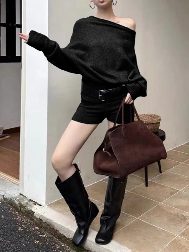 Sexy Skew Collar Knitted Two Pieces Batwing Sleeve Pullover+High Waist Shorts Autumn Y2k Aesthetic Femme Harajuku Grunge Outfit