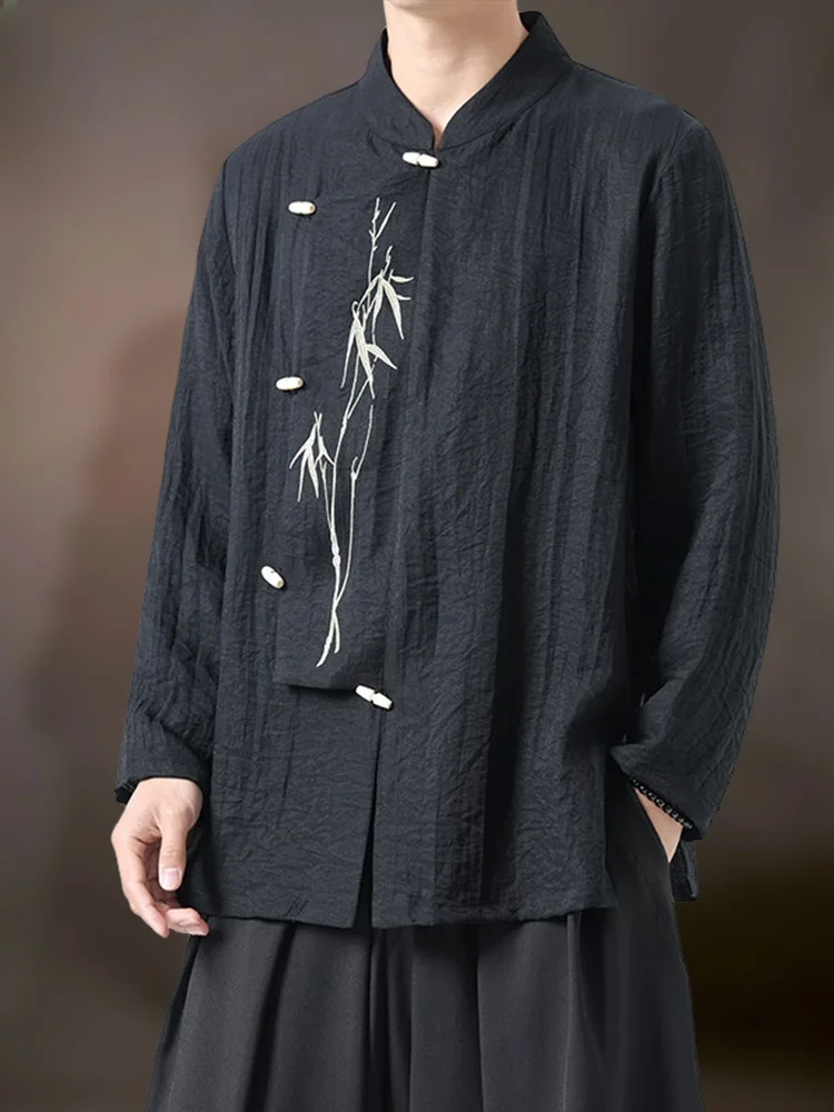 

New Spring Chinese Style Long Sleeve Men's Shirt Embroidered Collar Hanfu Ancient Style Wooden Button Zen Spirit Cotton Linen...