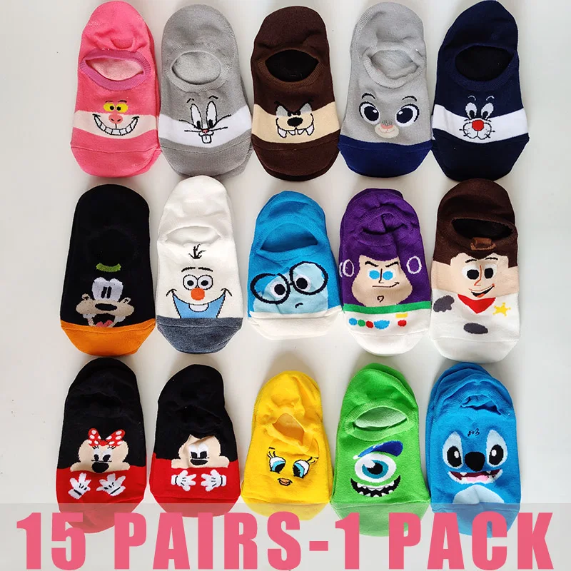 NEW 15 Pairs/Pack Disney Theme Women Socks Cotton Cartoon Minnie Mickey Mouse and Donald Duck Winnie the Pooh Cute Socks