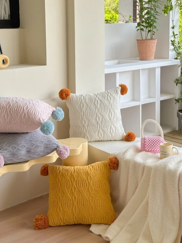 

Cute Color Block Ball Luminous Pillow Square Sofa Cushion Removable Cover Multicolor Autumn Winter Plush Decorative Pillow