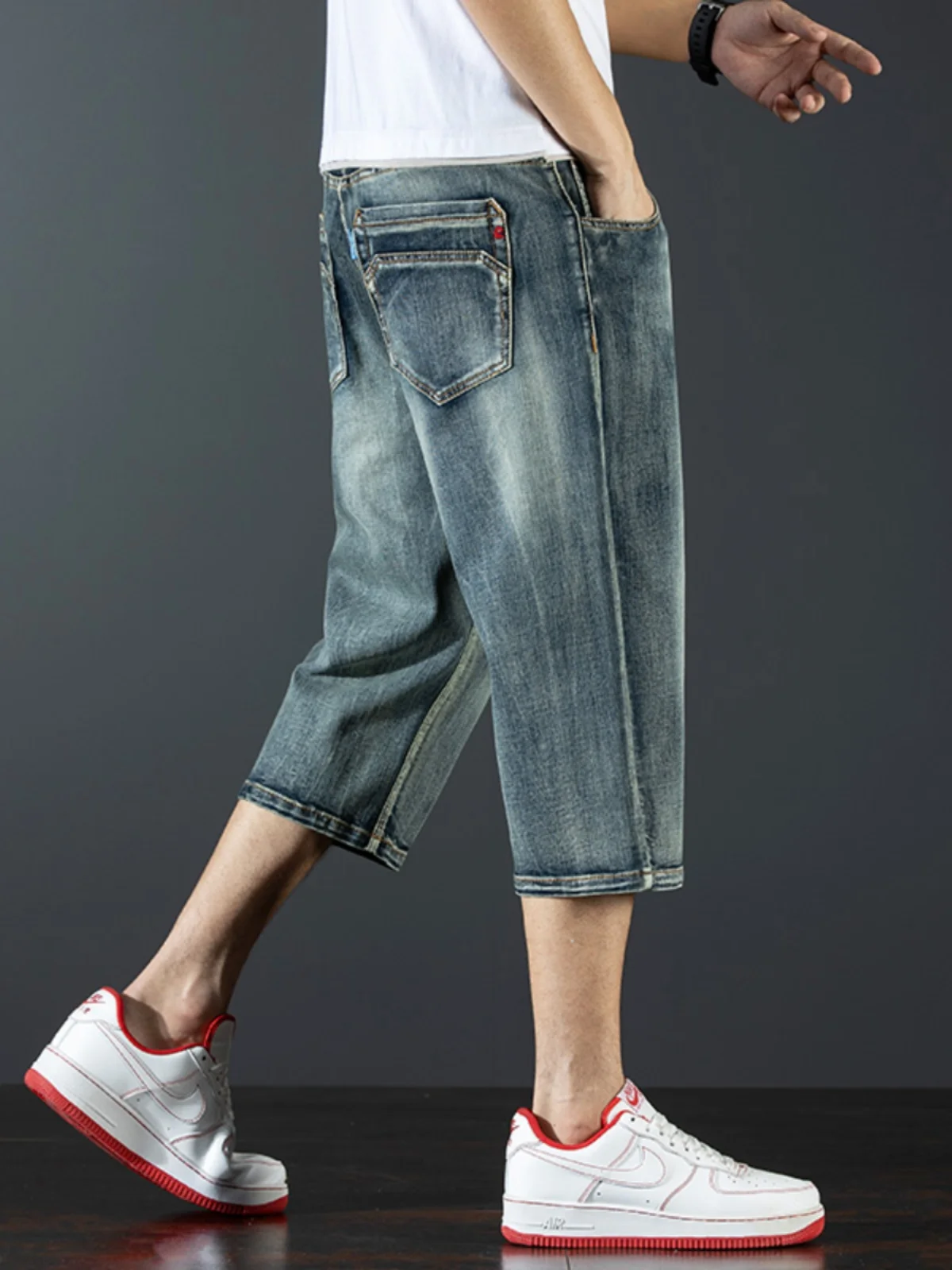 

Men's Loose Fit Thin Denim Jeans Seven-Five Pants Summer Elastic Cotton Polyester Blend Straight Leg ort Trousers