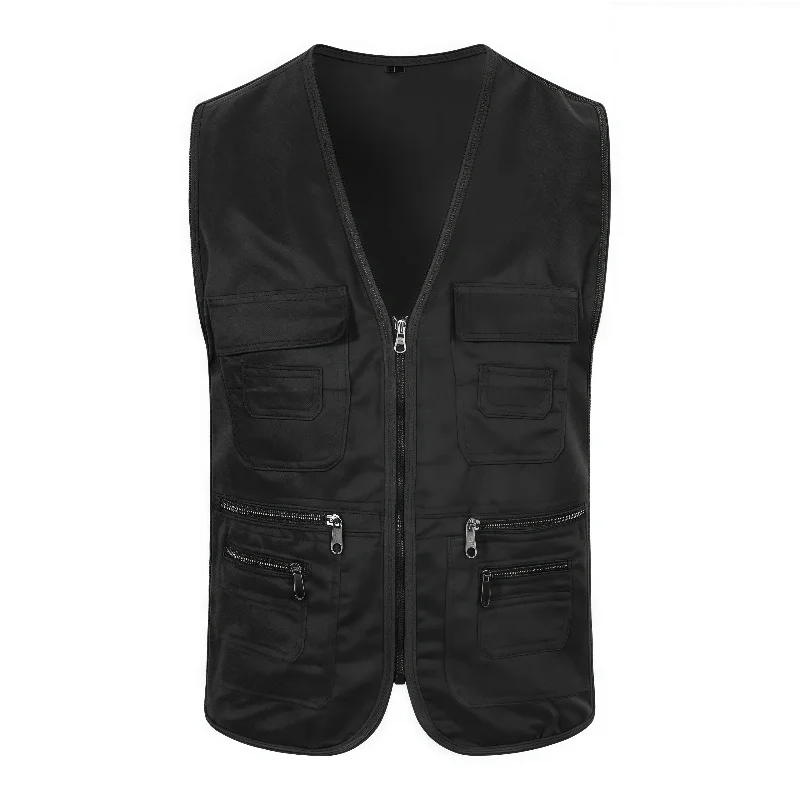 Work Clothes Vest Multi-pocket Solid Color Casual Sleeveless Zipper Working Clothing V Neck Volunteer Vest for Fishing
