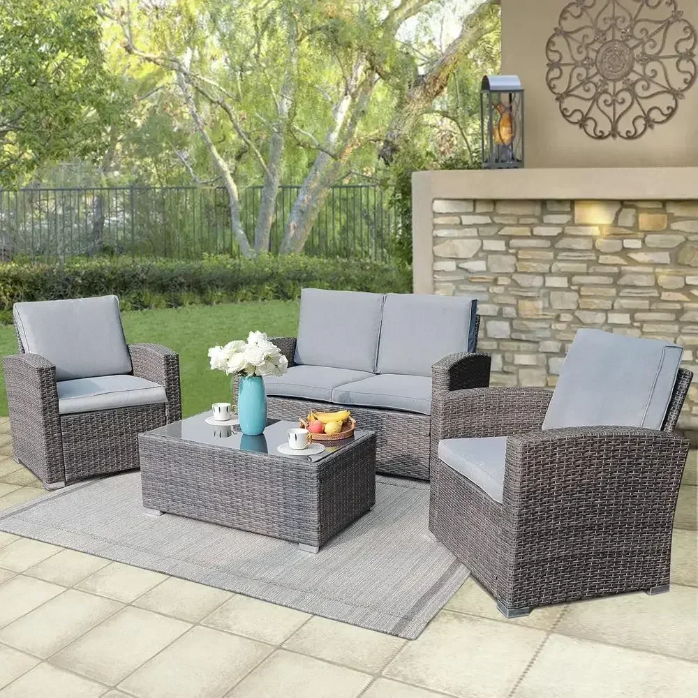 4-Piece Outdoor Patio Sectional Set with All-Weather PE Rattan Wicker and Tempered Glass Coffee Table, Light Gray