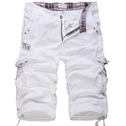 New Cotton Men's Casual Loose Cargo Shorts Solid Color Multi Pocket Military Shorts White Knee Length Tactical Large Size