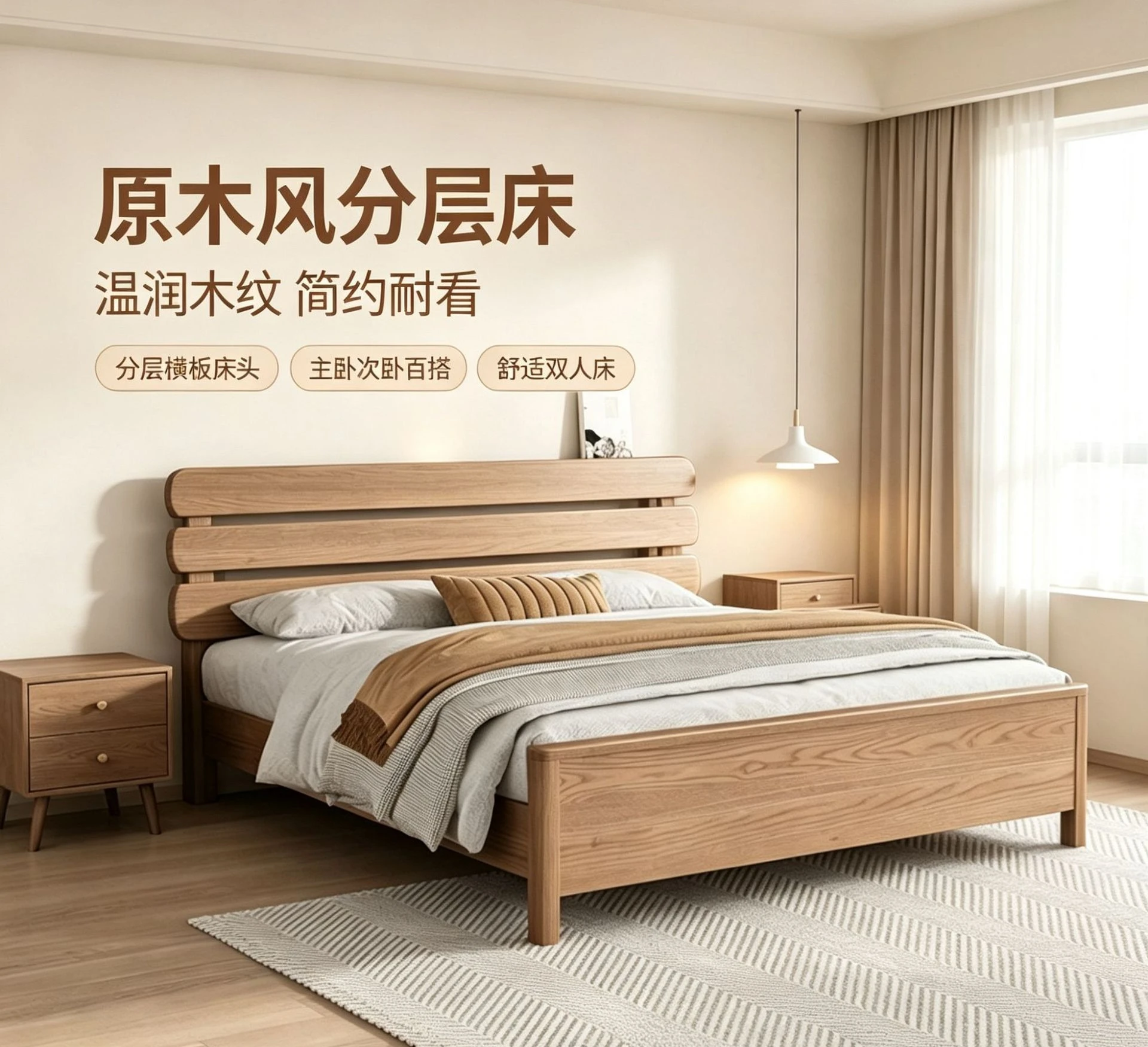 Log wind double bed widened bedside, layered horizontal board bedside solid wood, textured home master bedroom simple frame bed