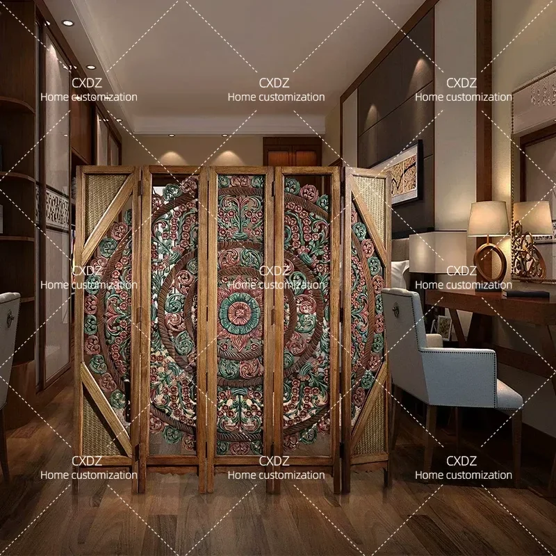 New Chinese Style Solid Wood Carved Flower Screen Partition Retro Hollow Folding Living Room Entrance Furniture