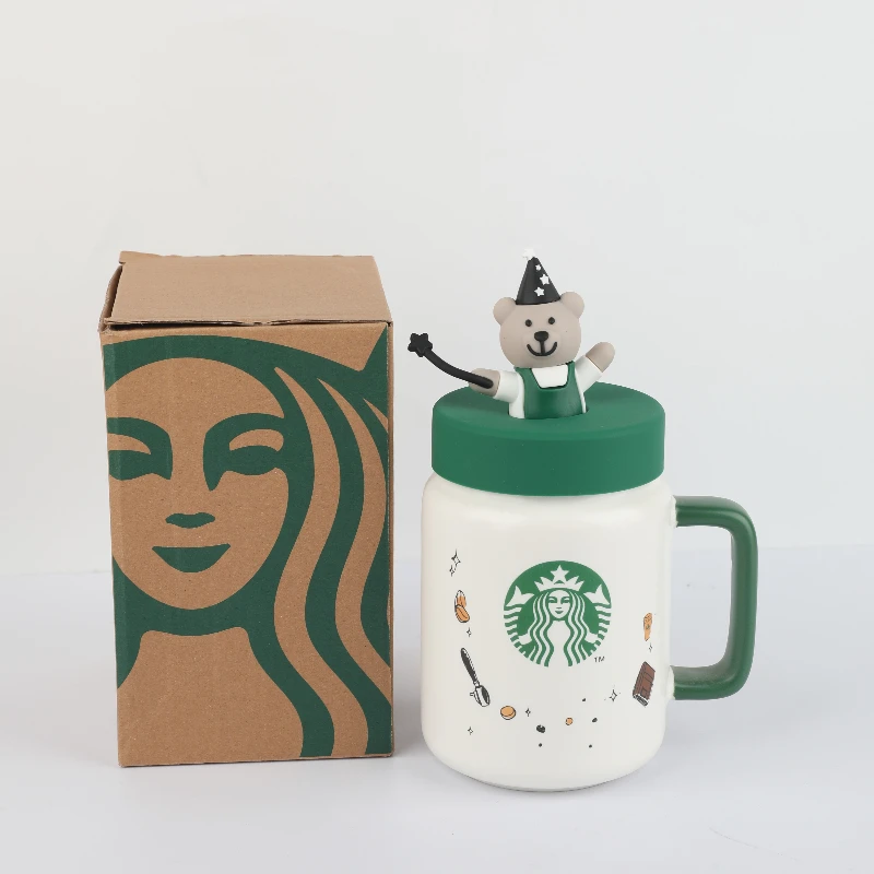 Caneca Starbucks Eco Collection Magician Bear 435ml, Copo de Cerâmica Bearista Estilo Mason com Tampa de Silicone, Ótimo Presente para Ela