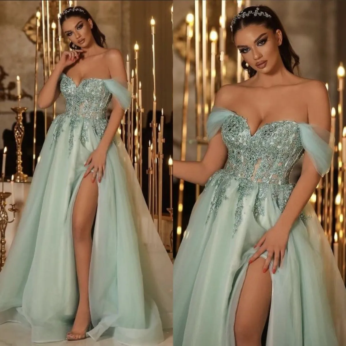 Mint Green Off Shoulder Prom Dresses Side Slit Lace Corset Bridesmaid Dress Floor Length Formal Party Vestido De Novia