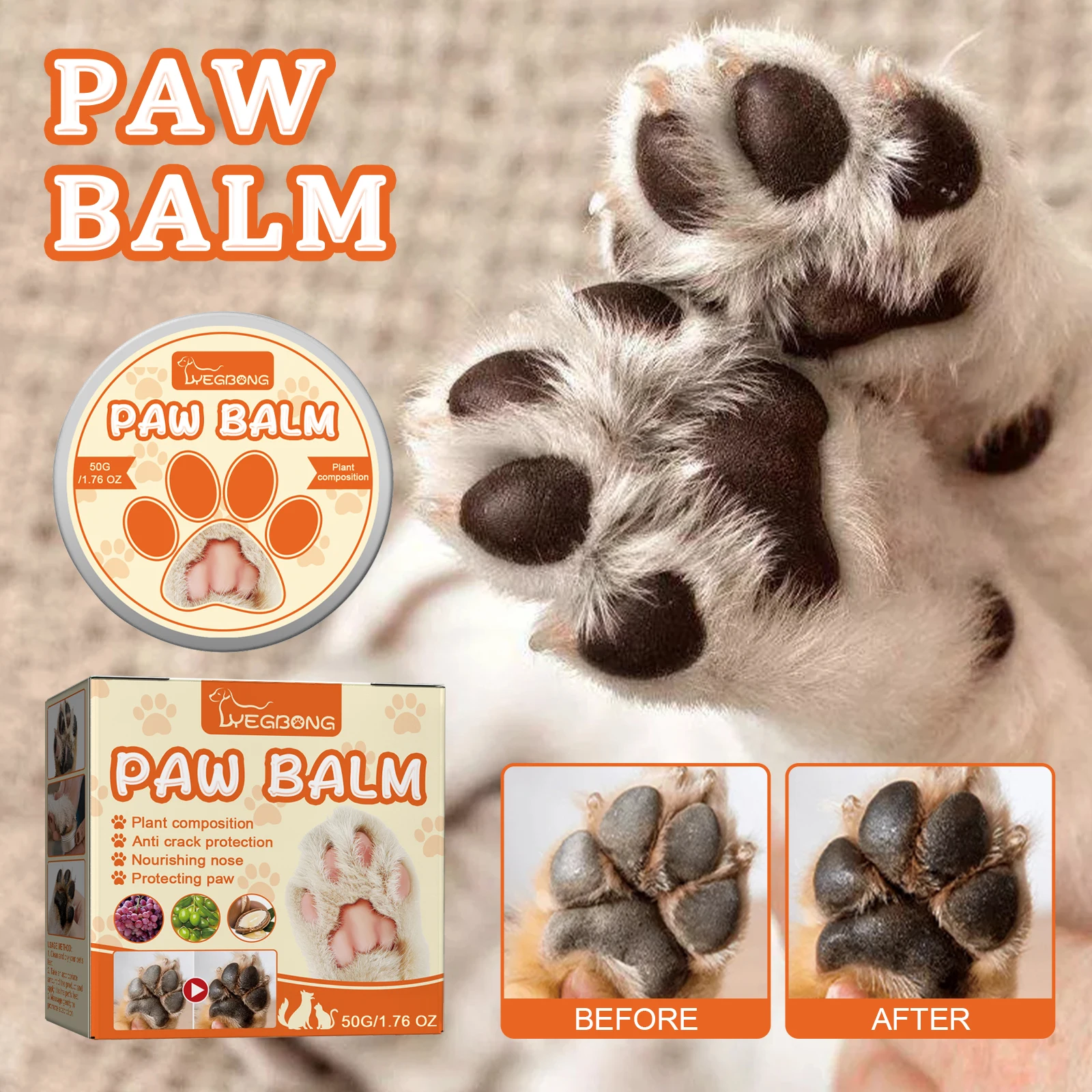 Pet Paw Balm Wax Moisturizing Cream for Dogs Cats Prevent Cracked Paws Noses Winter Care Foot Pad Protection Crack Soother 50g