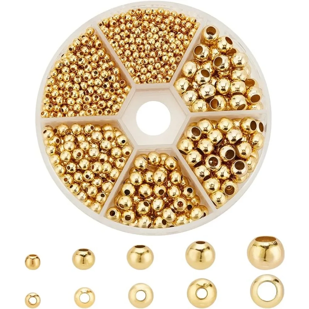 

1430pc 5Size Golden Spacer Beads Brass Round Smooth Bead Spacers Loose Metal Beads for Bracelet Necklace Jewelry Making Supplie