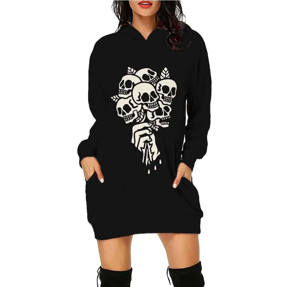 

New 3D retro skull face printed women's hooded dress for autumn and winter casual pullover, fashionable loose sports shirt