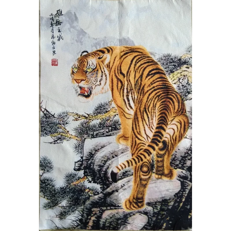 

36" China Embroidered Cloth Silk 12 Zodiac Animal Tiger Pine Tree Mural Home Decor Painting Wrcx163