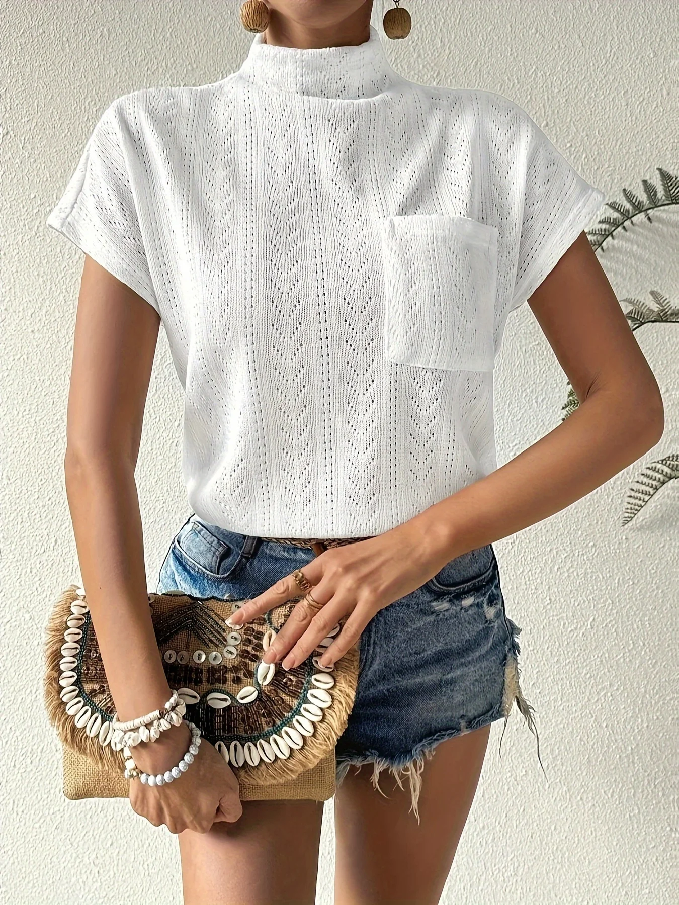 

New solid color loose high neck short sleeved shirt pocket top T-shirt