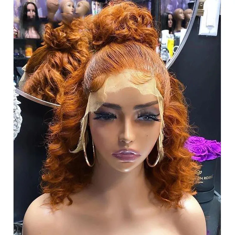 High Ponytail Deep Wave Short Bob Ginger Orange Brown Pre Plucked Lace Front Wigs Synthetic Hair Hairline Fiber