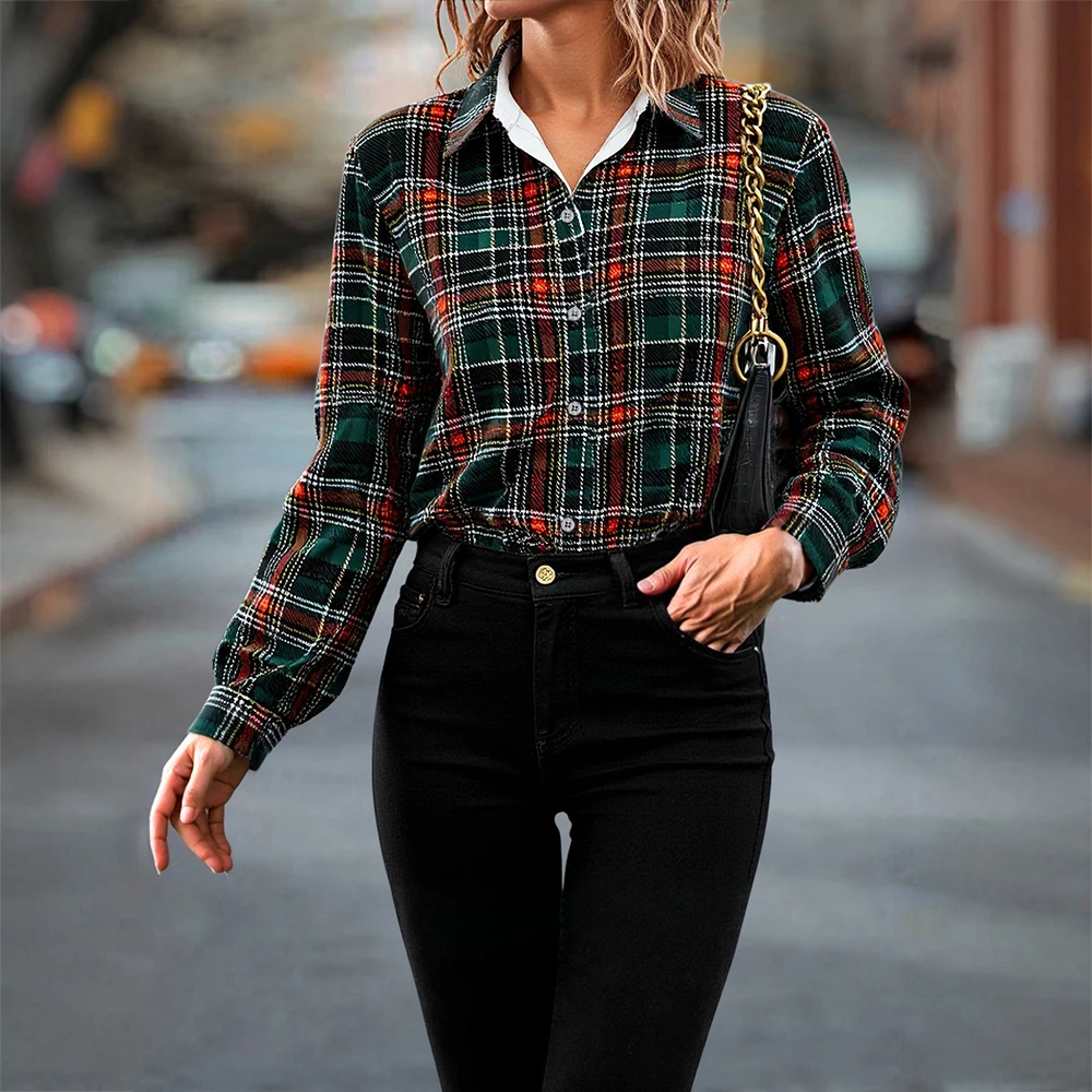 

MiaMuse Women's 2025 Simple Autumn Shirts Long Sleeve Lapel Plaid Button Daily Regular Fit Shirts